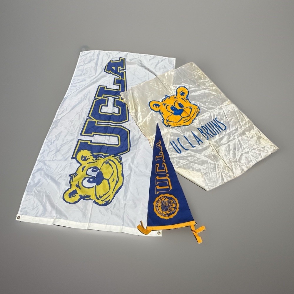Vintage 1970s UCLA Wool Felt College Pennant & 2 Flags/ Banners Bruins Bear